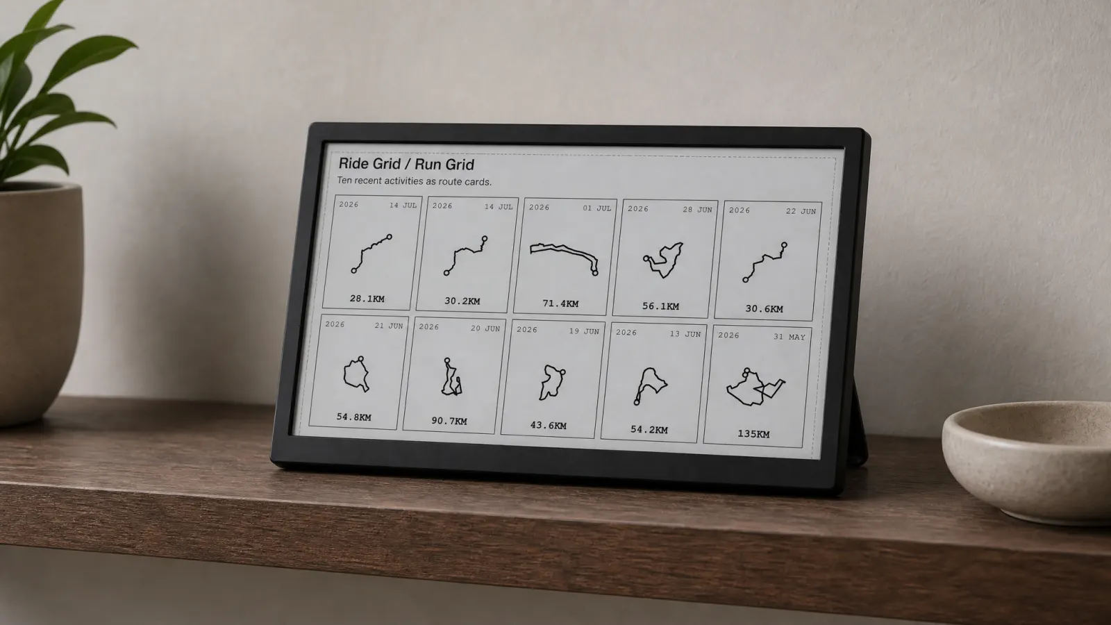 TRMNL e-ink display on a shelf showing Activity Frame Ride Grid for cyclists and runners