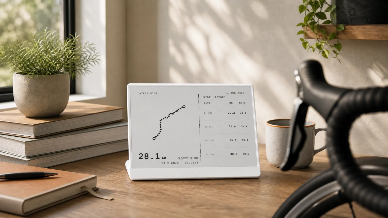 TRMNL on a desk after a ride showing Activity Frame latest ride stats with bike nearby