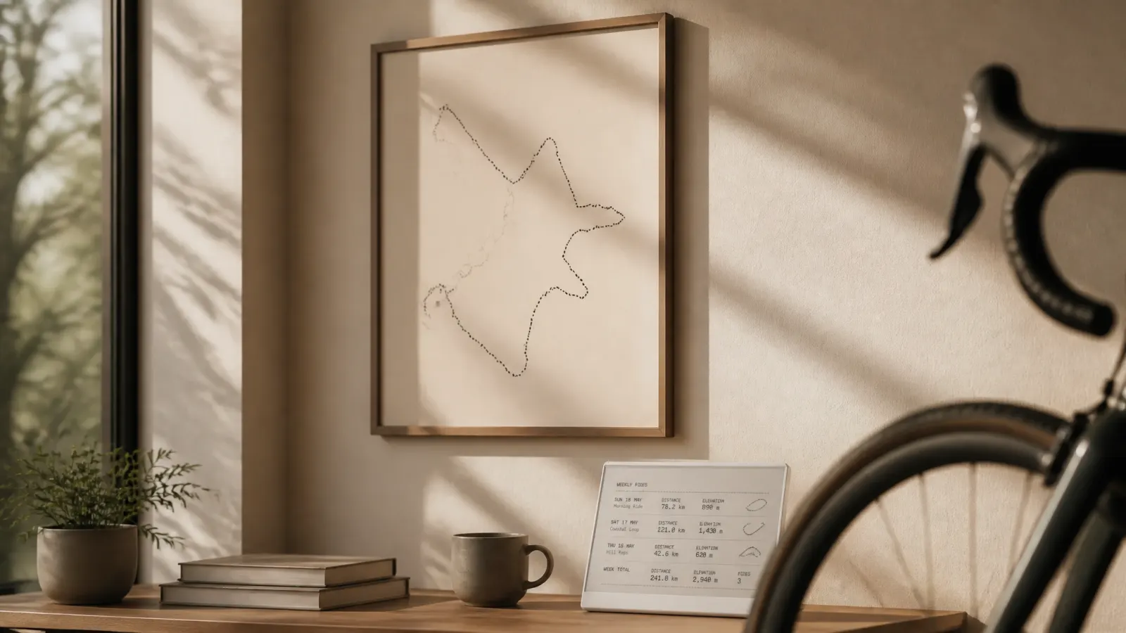 Cycling route poster on a wall beside a desk with an e-ink display showing weekly stats