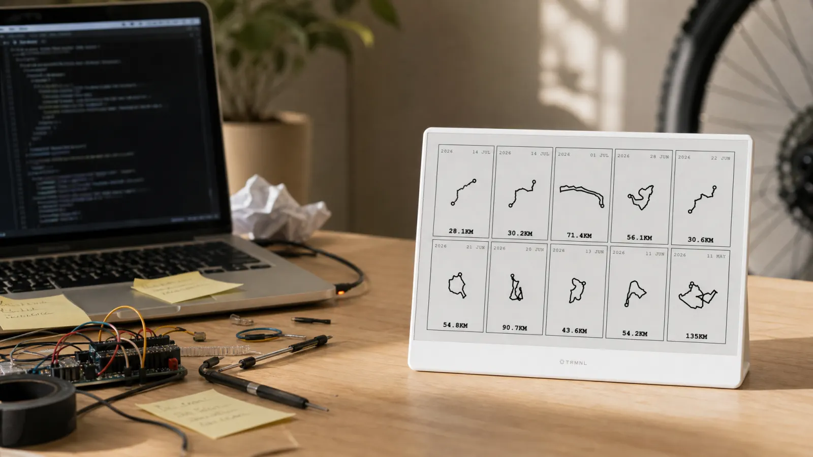 DIY coding setup beside a TRMNL showing Activity Frame as the no-code option