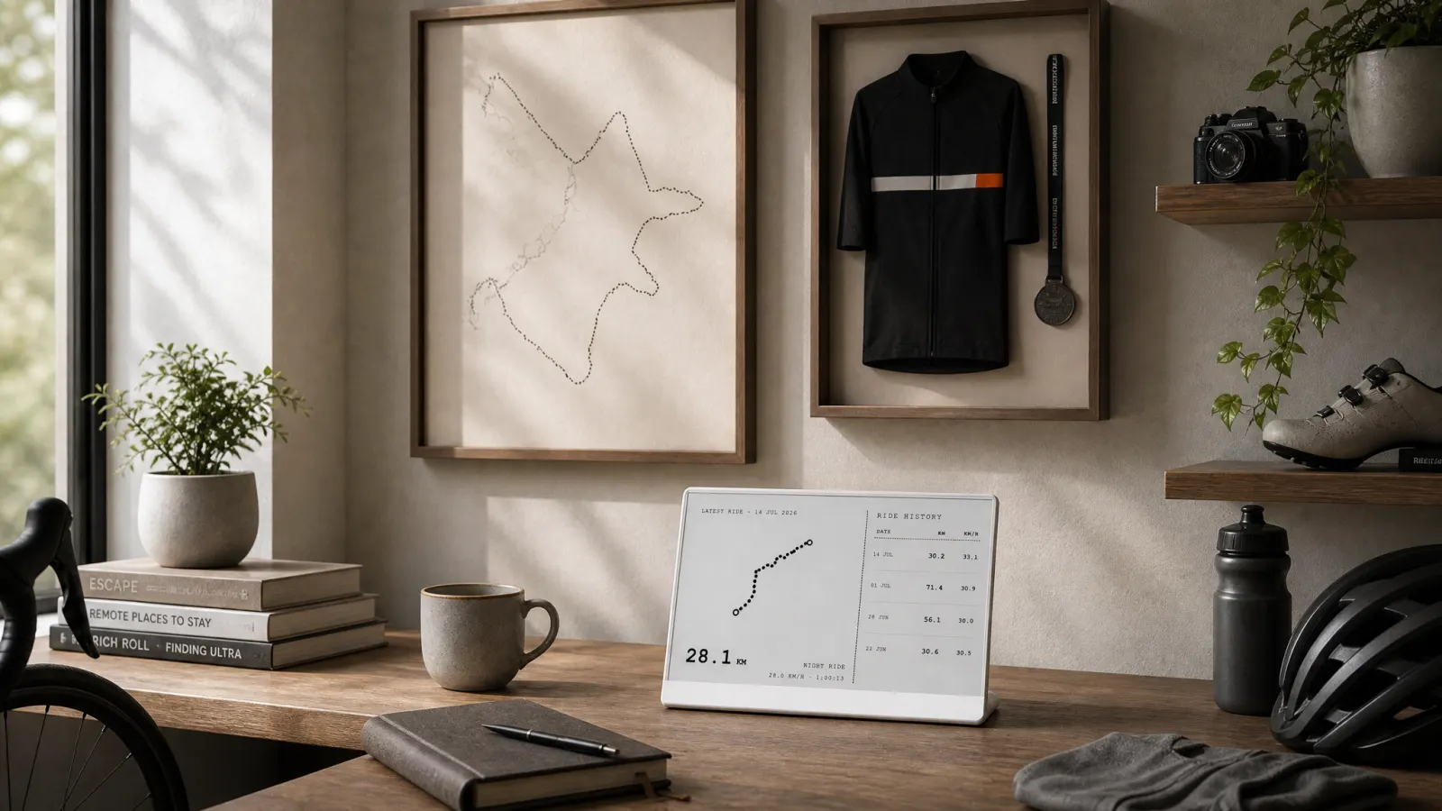 Cycling memorabilia frames on the wall with Activity Frame stats on the desk