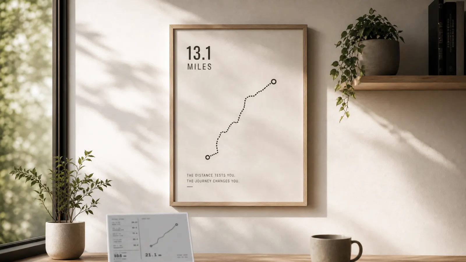 Framed half marathon poster labeled 13.1 miles or 21.1 km on a warm wall