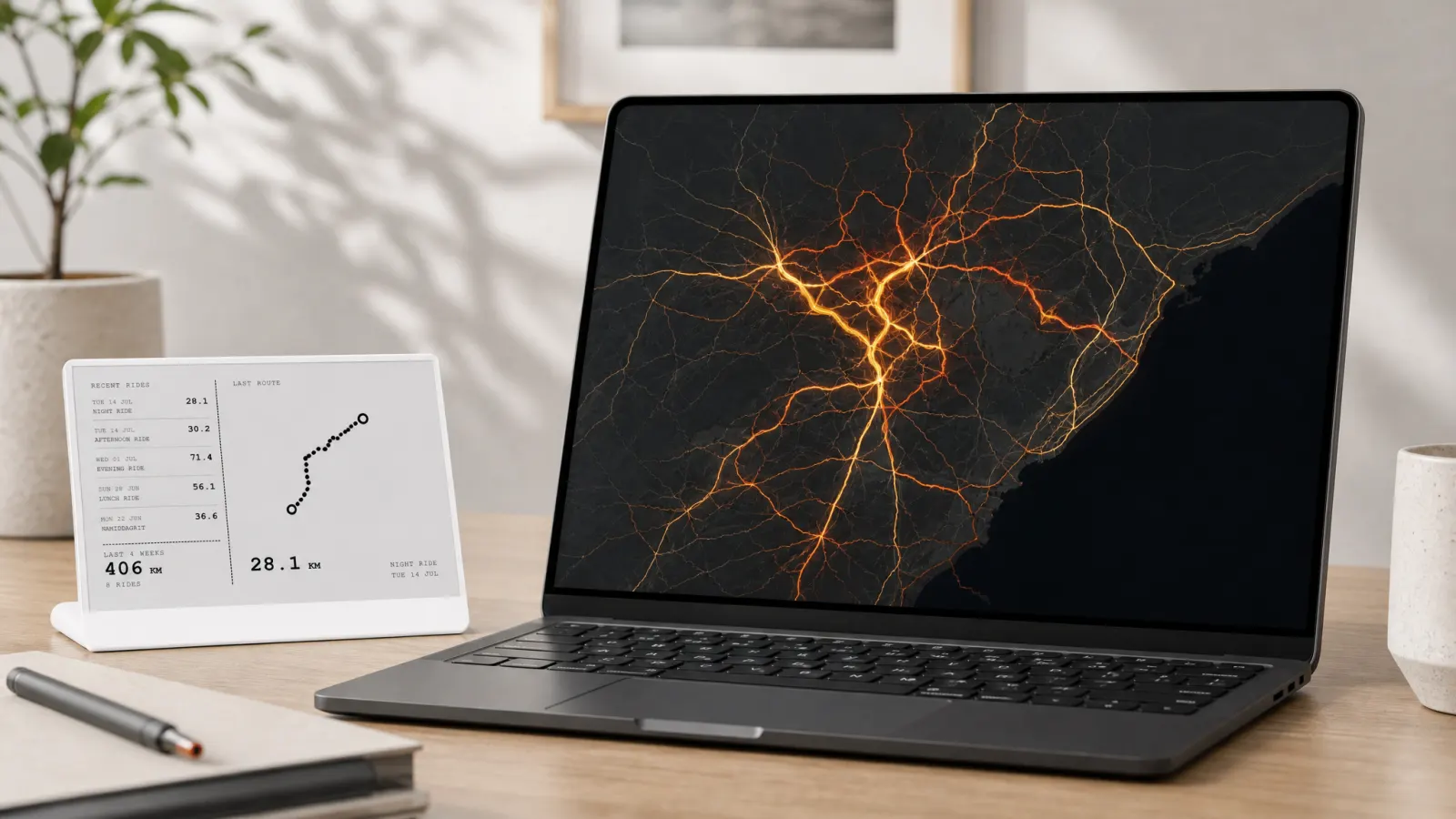 Laptop showing a personal cycling heatmap beside a TRMNL with Activity Frame