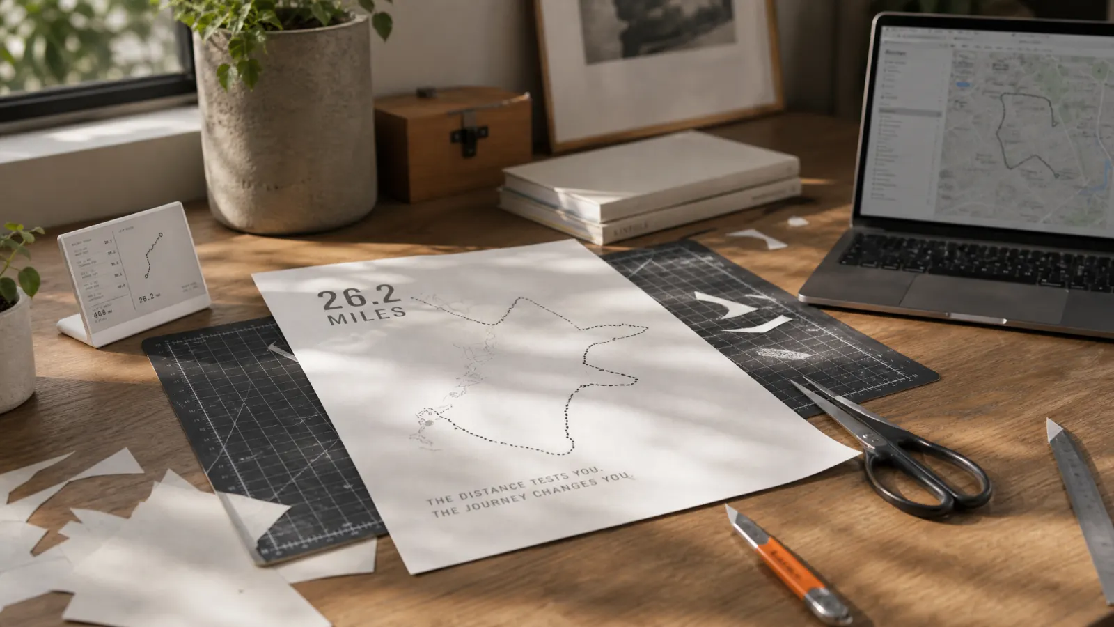 DIY craft table with a homemade marathon poster proof print and scissors