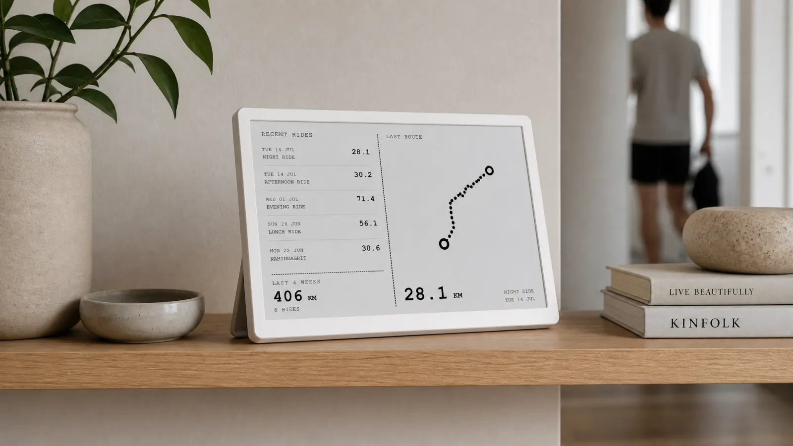 TRMNL on a home shelf showing Activity Frame for running stats in the room